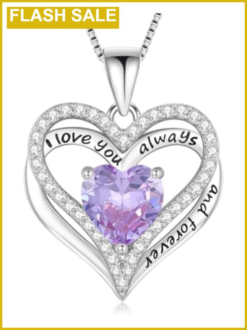 S925 Sterling Silver Heart Pendant Necklace with Cubic Zirconia, I Love You